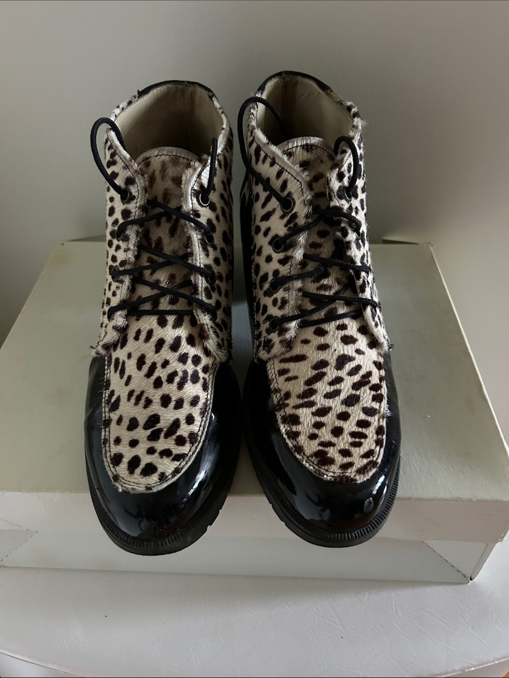 Leopard Print Black Patent Lace-Up Heeled Boots for Women